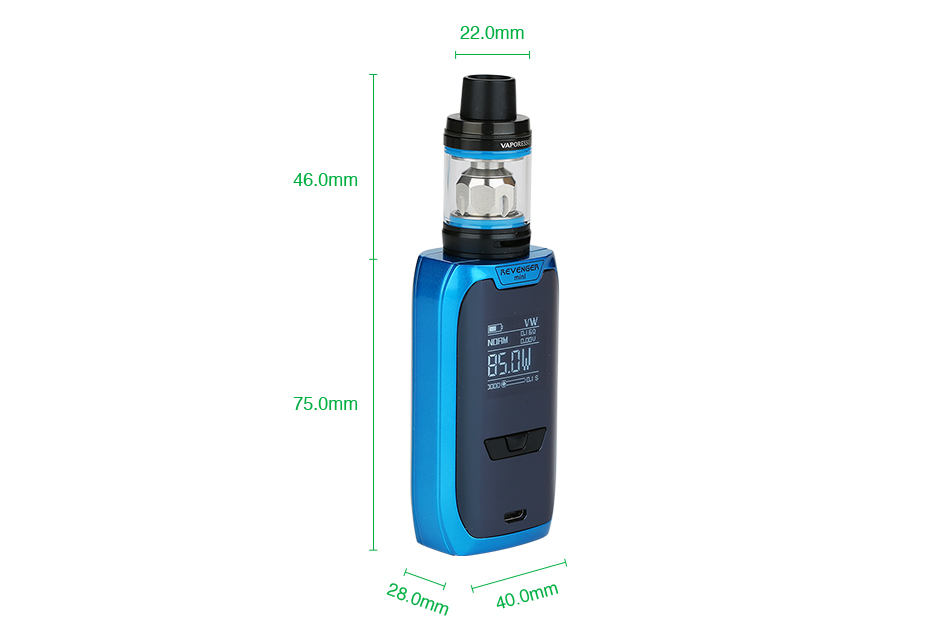 Product Introduction The Vaporesso Revenger Mini is a new member of the Revenger series with unique lighting pattern. The compact Revenger Mini has a built-in 2500mAh battery with max 85W output power. Powered by the latest OMNI 2.2 board, it offers a variety vaping modes with a user-friendly UI. It also supports max 2.5A fast charging. And the NRG SE tank adopts slide-n-fill design, adjustable bottom airflow and interchangeable GT cores. User will enjoy a great flavor and vapor production. 5 colors. Vaporesso Revenger Mini 85W with NRG SE TC Kit 2500mAh Parameters Revenger Mini MOD Dimensions: 40 x75 x 28mm Display: OLED 0.96 inch Wattage Range: 5 - 85W Temperature Control Range: 100℃-315℃/200F-600F Mode: VW(H/N/S)/CCW/CCT/VT(Ni/Ti/SS)/TCR(M1/M2)/RTC/BYPASS Battery: built-in 2500mAh Thread: 510 thread Color: Black, Blue, Red, Silver NRG SE Tank / SE Mini Tank Size: 22 x 48.5mm / 22 x 46mm (TPD edition) Capacity: 3.5ml /2ml (TPD edition) Material: Stainless steel Thread: 510 Vaporesso Revenger Mini 85W with NRG SE TC Kit 2500mAh Unique lighting pattern Revolutionary IML design OMINI board 2.2 2.5A quick charging Compact design with 2500mAh battery Slide and fill design Smooth adjustable bottom airflow A variety of interchangeable GT cores Vaporesso Revenger Mini 85W with NRG SE TC Kit 2500mAh It comes with 1x Revenger Mini MOD 1x NRG SE Tank / NRG SE Mini Tank (TPD Edition) 1x GT4 Core (pre-installed) 1x GT CCELL 1x USB cable 1x Replacement glass tube 1x Manual Simple packing. Customary Packing from the factory, the packing is subject to change without notice. Vaporesso Revenger Mini 85W with NRG SE TC Kit 2500mAh You can select the e-juice here. You also can buy Revenger Mini MOD, NRG SE tank and GT Coil/GT8 core in HG. You can download CE, RoHS certificates and other reports. You can download TPD certificates. Vaporesso Revenger Mini 85W with NRG SE TC Kit 2500mAh
