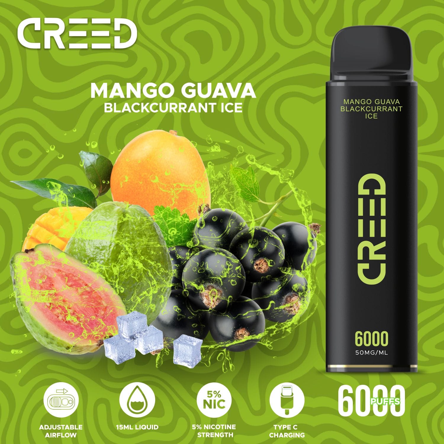 Creed Disposable Vape – Mango Guava Blackcurrant Ice 6000 Puffs